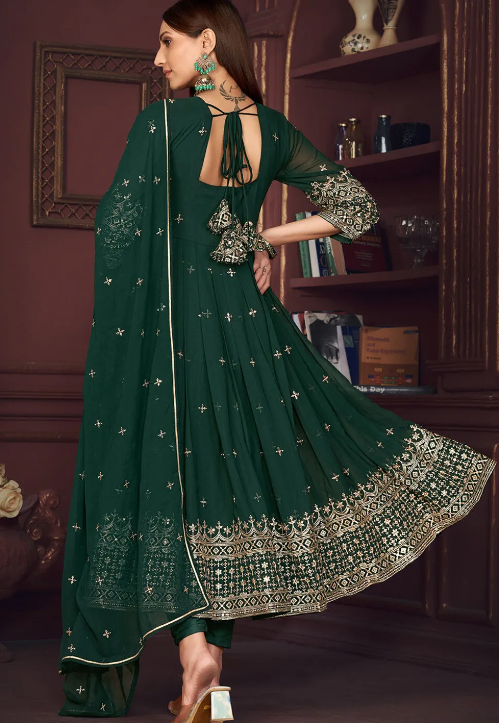 Embroidered Georgette Anarkali Suit in Green