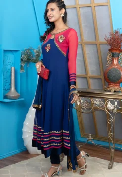Embroidered Georgette Anarkali Suit in Navy Blue