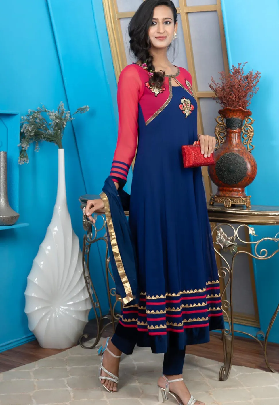 Embroidered Georgette Anarkali Suit in Navy Blue