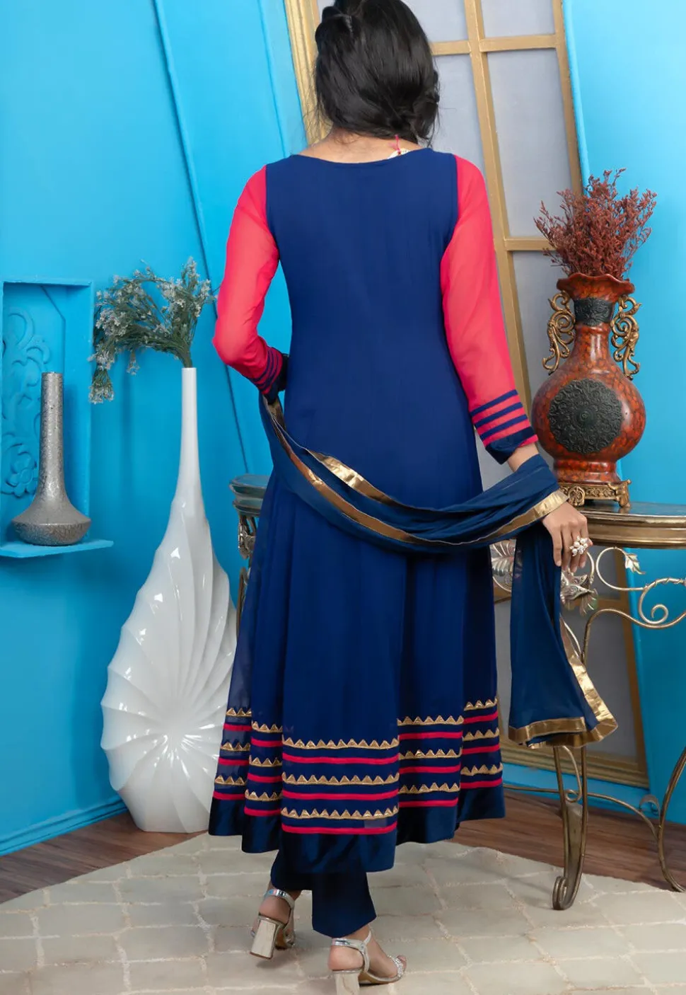Embroidered Georgette Anarkali Suit in Navy Blue