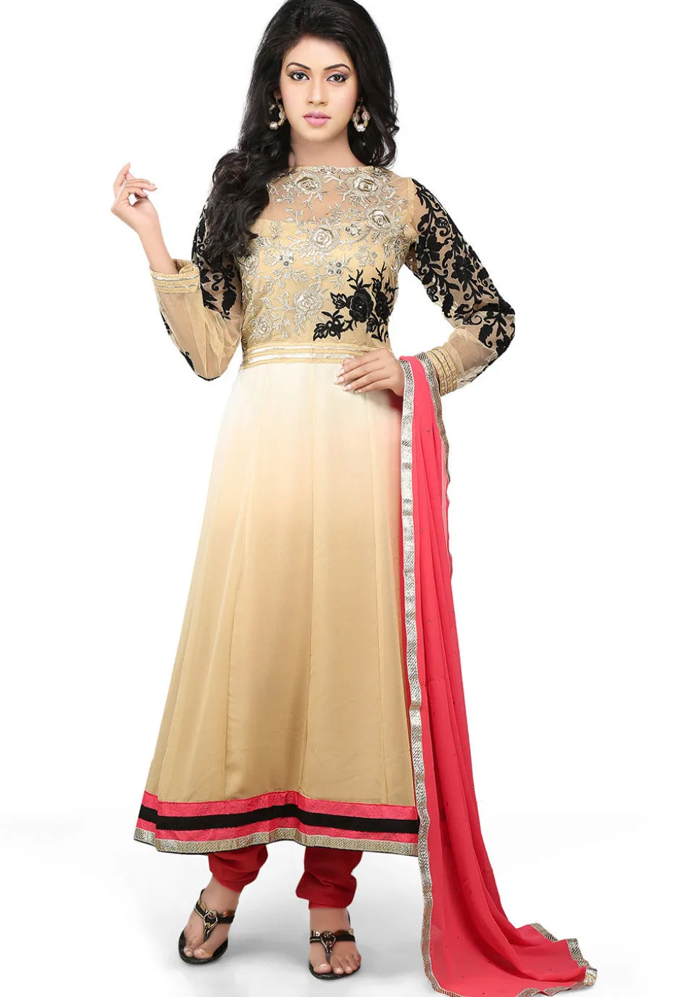 Embroidered Georgette Anarkali Suit In Beige Ombre