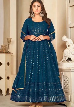 Embroidered Georgette Anarkali Suit in Teal Blue