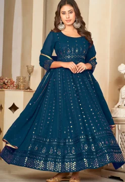 Embroidered Georgette Anarkali Suit in Teal Blue