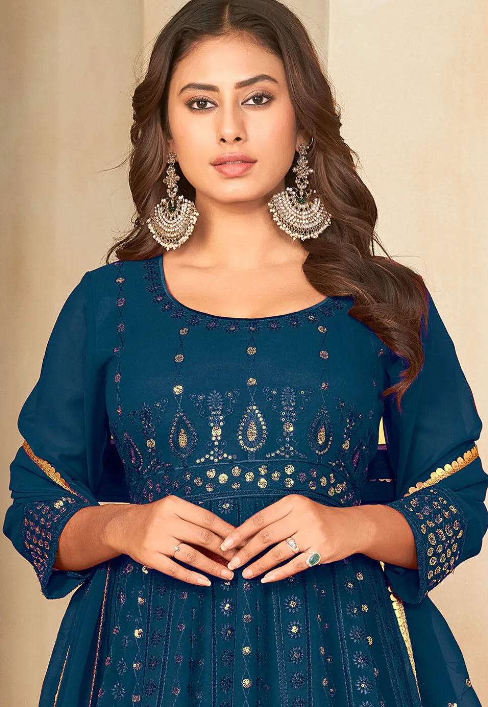 Embroidered Georgette Anarkali Suit in Teal Blue