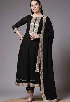 Embroidered Georgette Anarkali Suit in Black