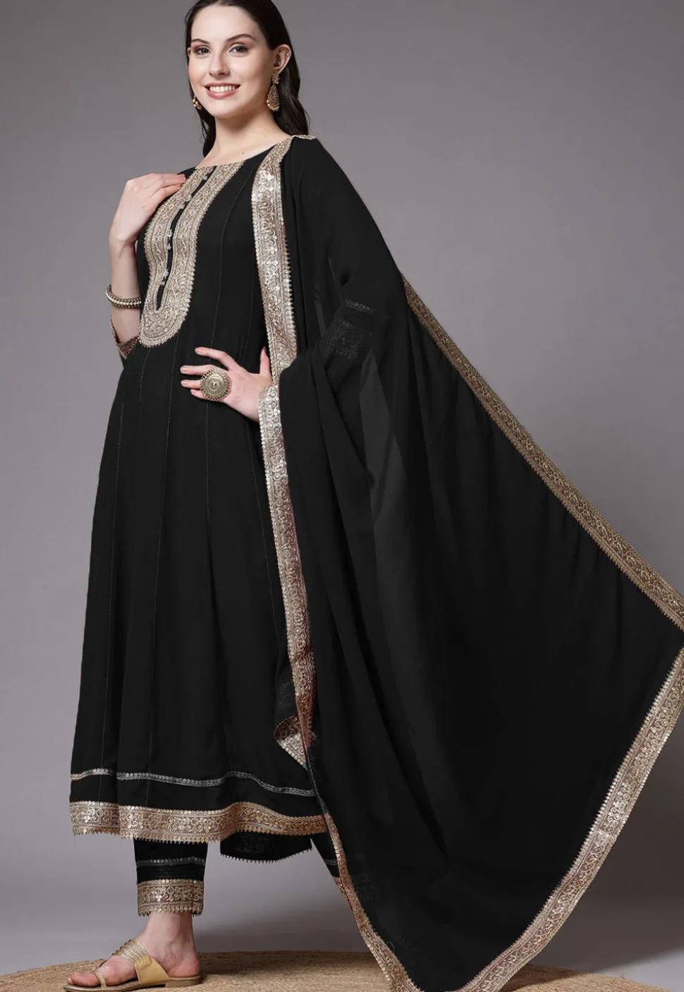 Embroidered Georgette Anarkali Suit in Black