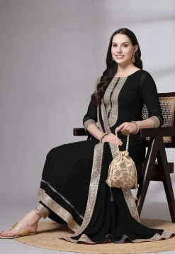 Embroidered Georgette Anarkali Suit in Black
