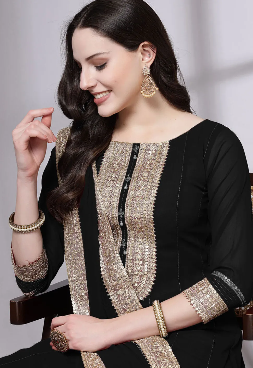 Embroidered Georgette Anarkali Suit in Black