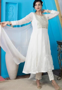 Embroidered Georgette Anarkali Suit in Off White