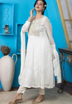 Embroidered Georgette Anarkali Suit in Off White
