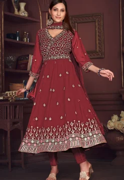 Embroidered Georgette Anarkali Suit in Maroon