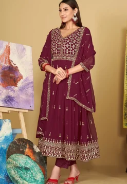 Embroidered Georgette Anarkali Suit in Dark Pink