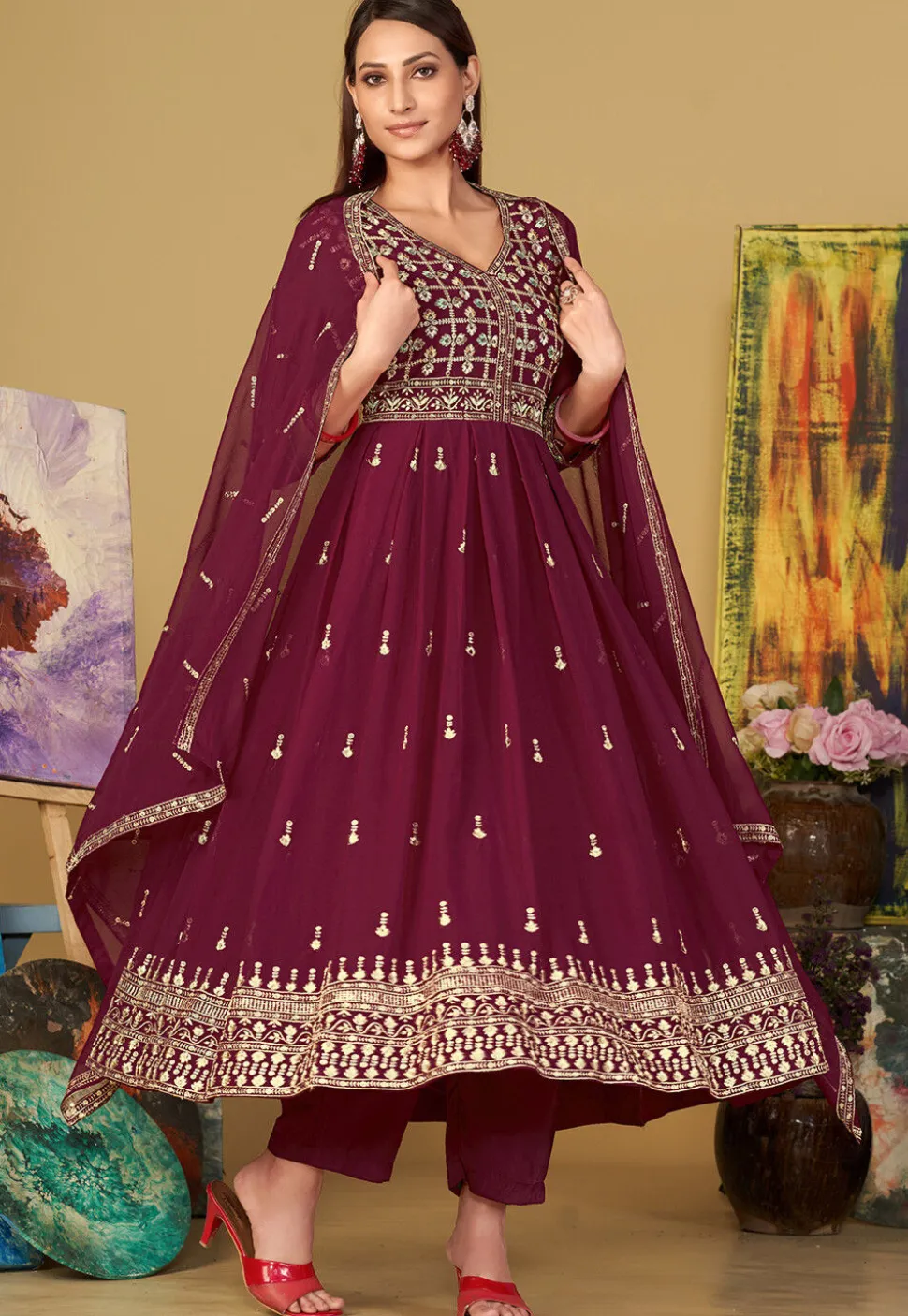 Embroidered Georgette Anarkali Suit in Dark Pink