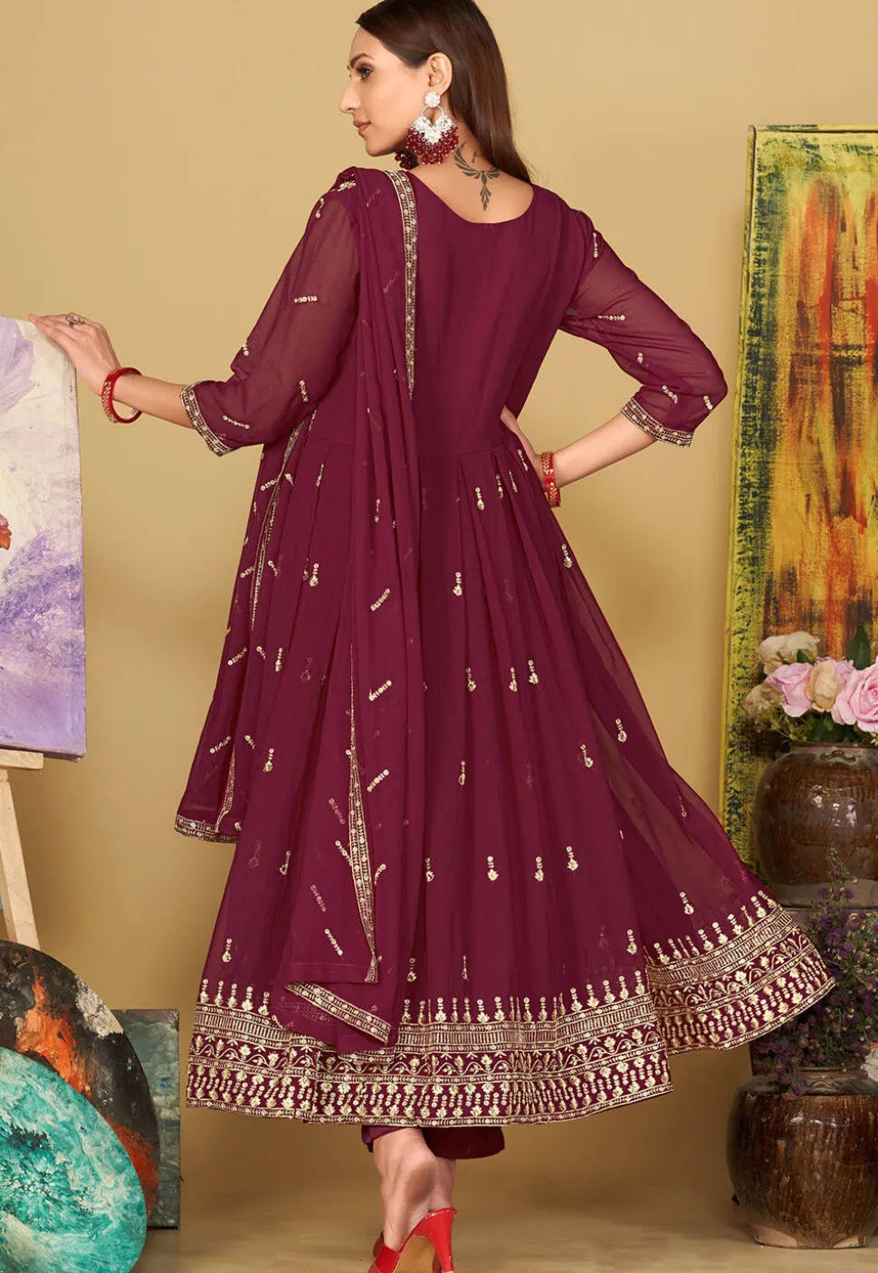 Embroidered Georgette Anarkali Suit in Dark Pink