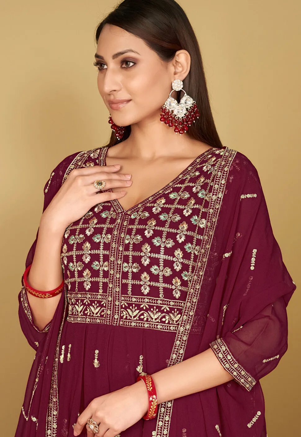 Embroidered Georgette Anarkali Suit in Dark Pink