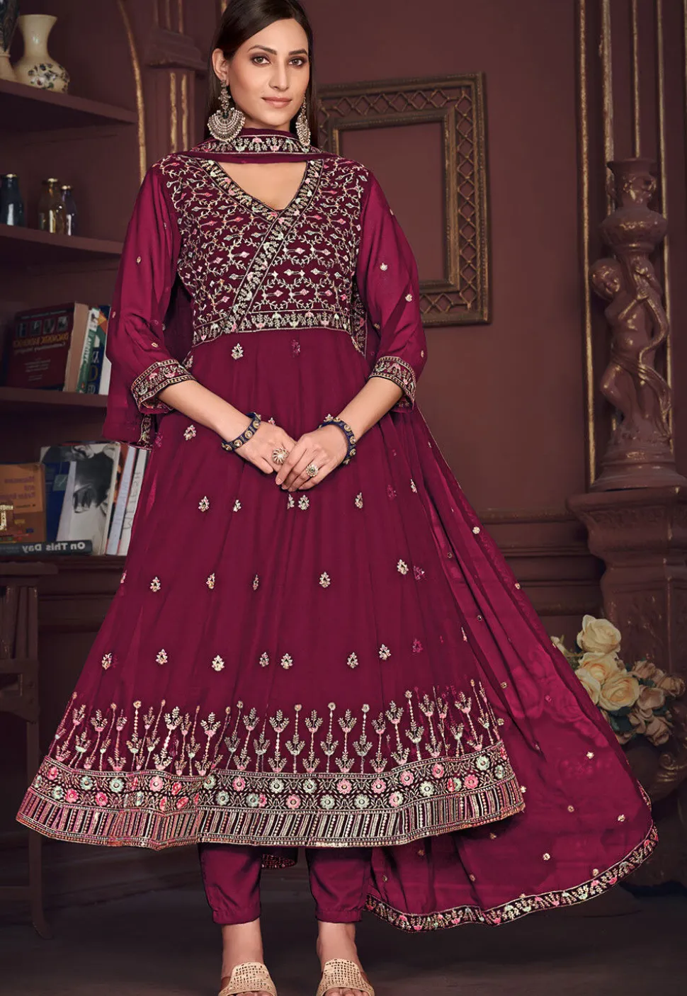Embroidered Georgette Anarkali Suit in Dark Pink