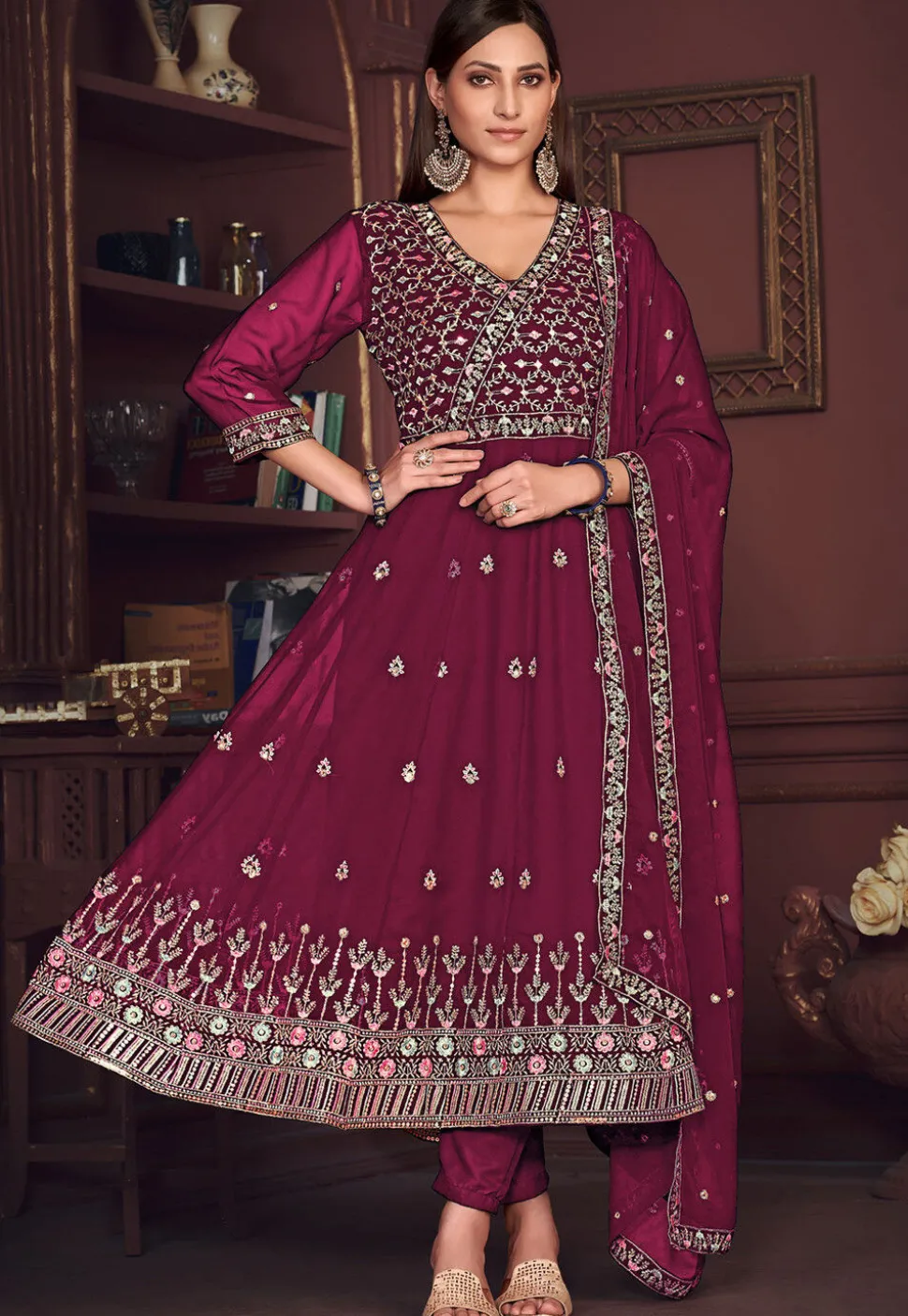 Embroidered Georgette Anarkali Suit in Dark Pink