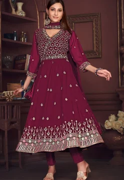 Embroidered Georgette Anarkali Suit in Dark Pink
