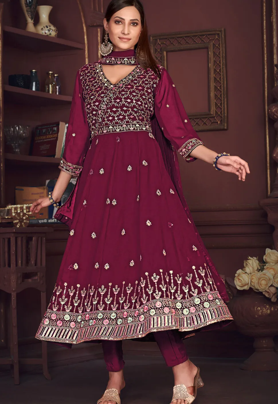 Embroidered Georgette Anarkali Suit in Dark Pink