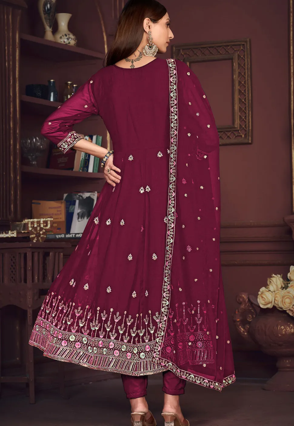 Embroidered Georgette Anarkali Suit in Dark Pink