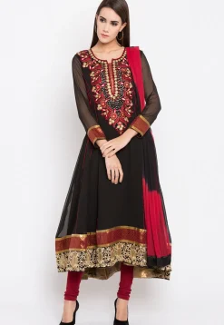 Embroidered Georgette Anarkali Suit in Black
