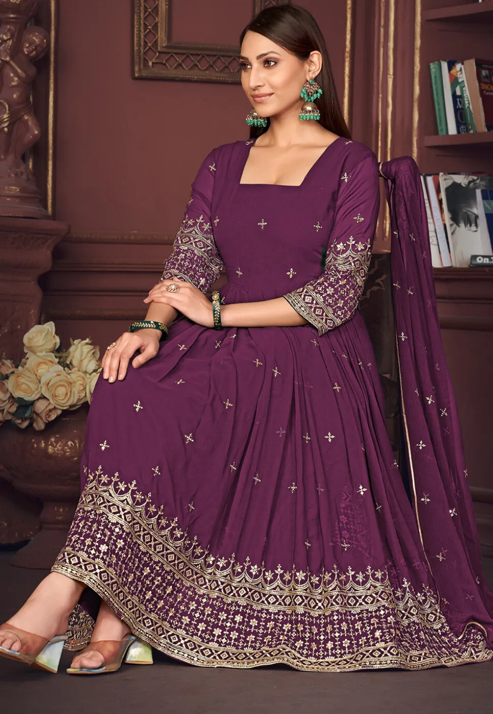 Embroidered Georgette Anarkali Suit in Purple