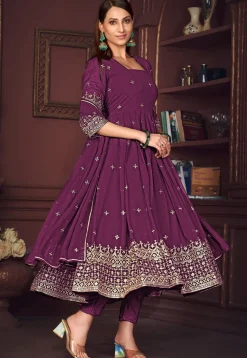 Embroidered Georgette Anarkali Suit in Purple
