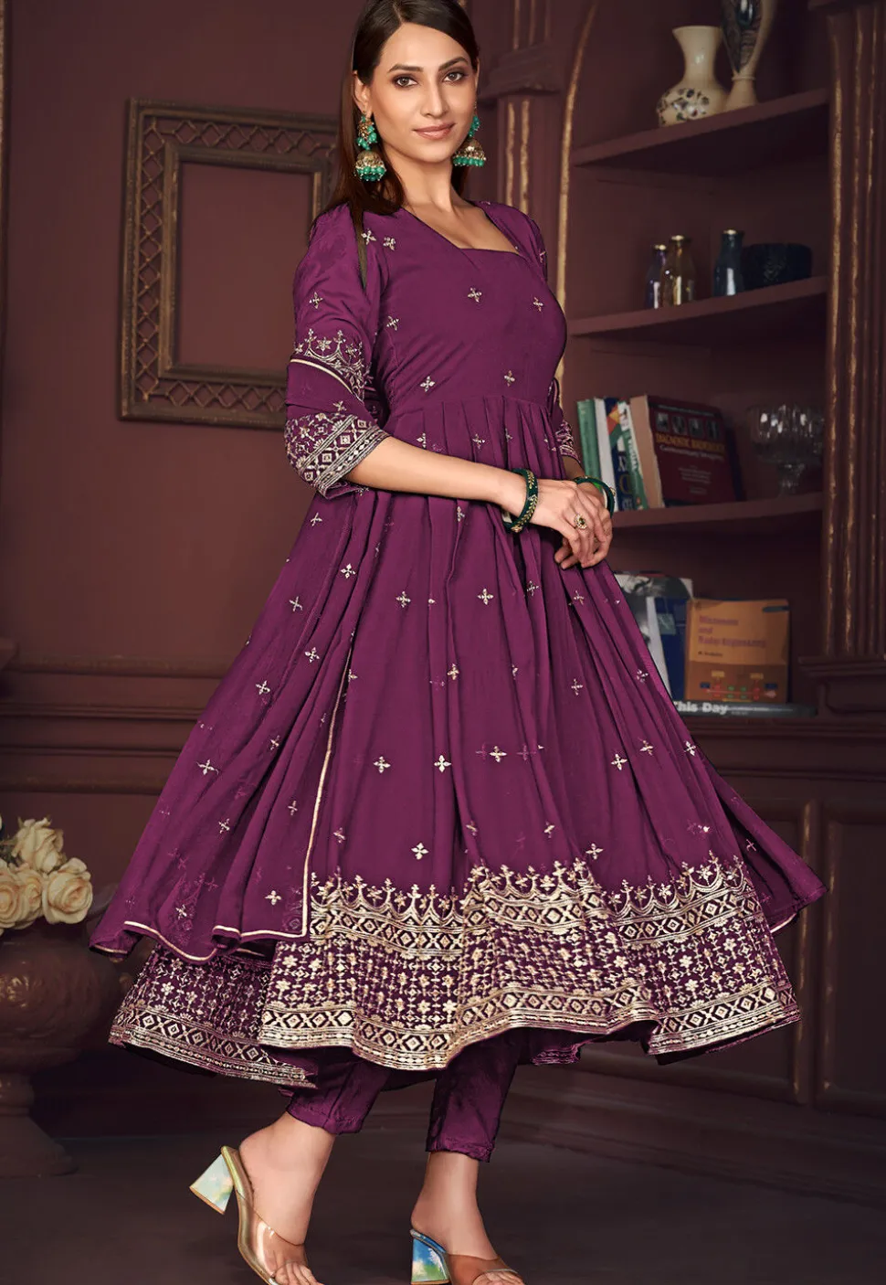Embroidered Georgette Anarkali Suit in Purple