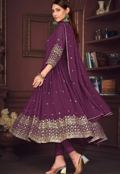 Embroidered Georgette Anarkali Suit in Purple