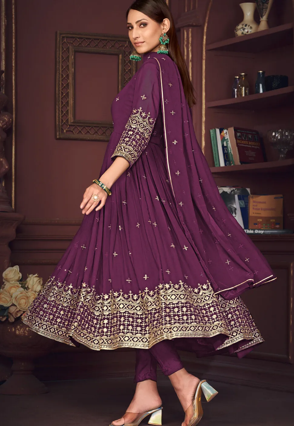 Embroidered Georgette Anarkali Suit in Purple