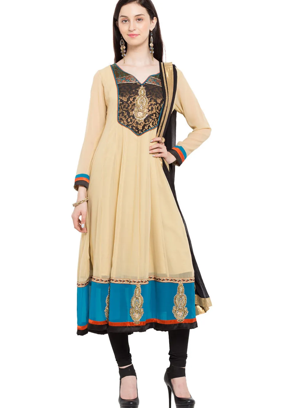 Embroidered Georgette Anarkali Suit in Beige