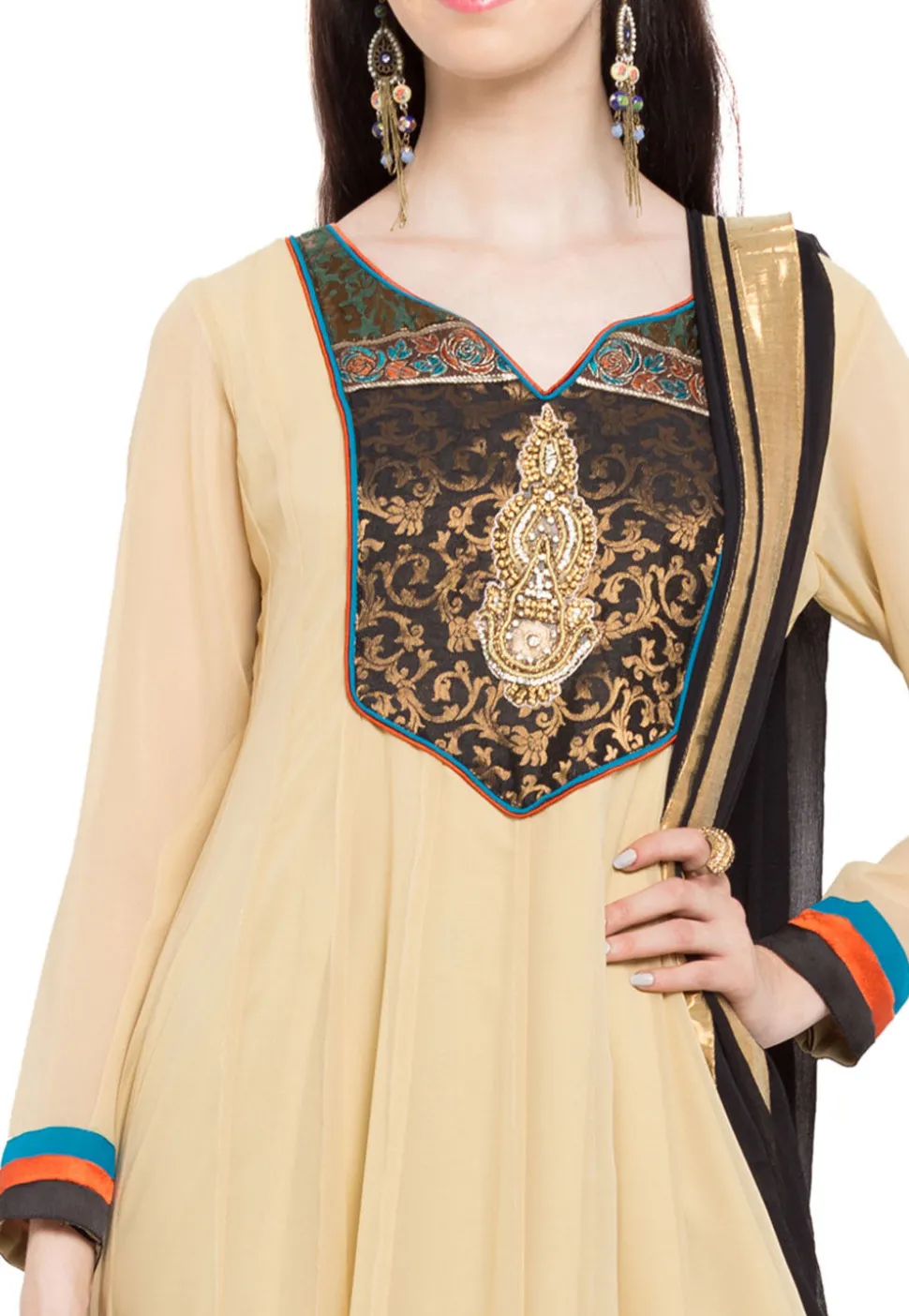 Embroidered Georgette Anarkali Suit in Beige