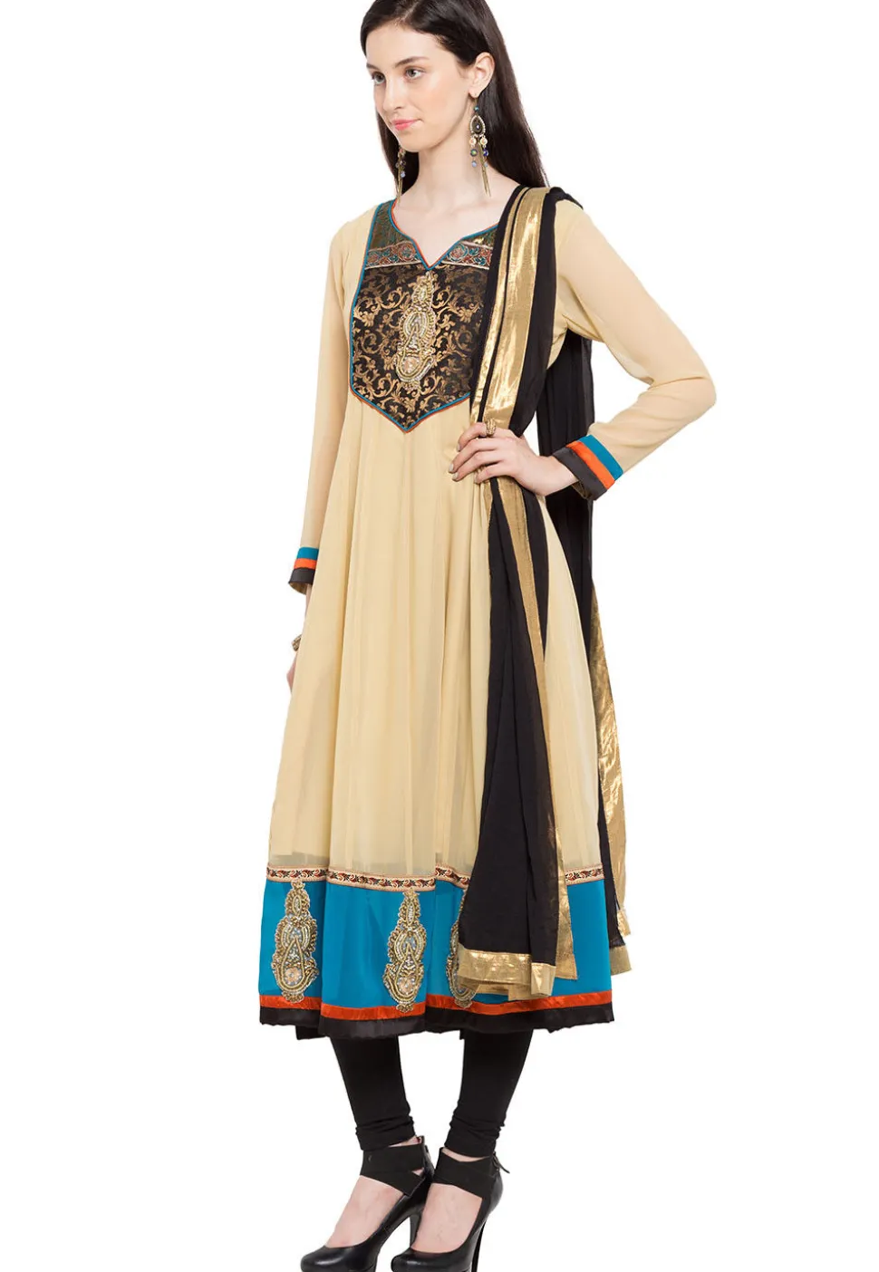 Embroidered Georgette Anarkali Suit in Beige