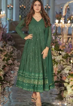 Embroidered Georgette Anarkali Suit in Dark Green
