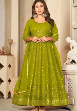 Embroidered Georgette Anarkali Suit in Olive Green