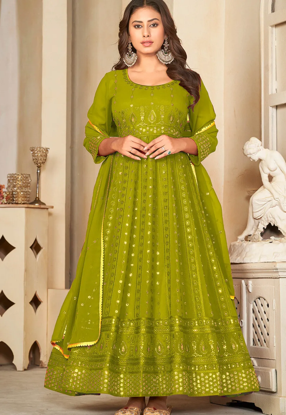 Embroidered Georgette Anarkali Suit in Olive Green