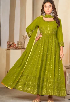 Embroidered Georgette Anarkali Suit in Olive Green