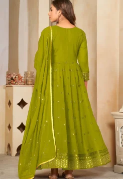 Embroidered Georgette Anarkali Suit in Olive Green