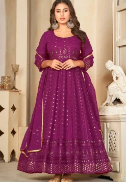 Embroidered Georgette Anarkali Suit in Purple
