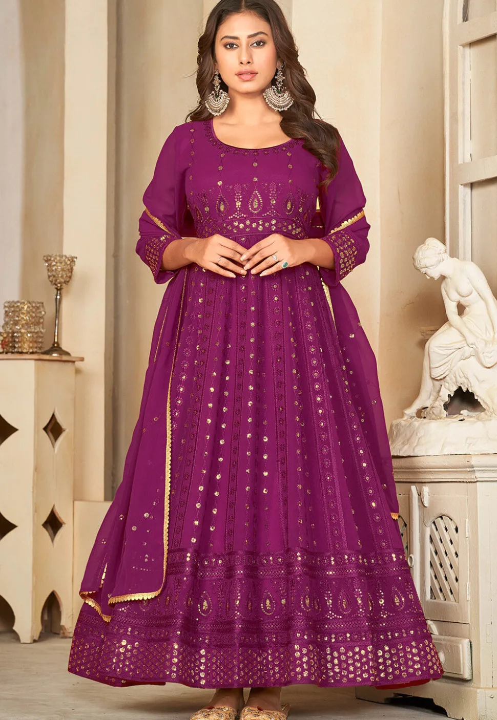 Embroidered Georgette Anarkali Suit in Purple