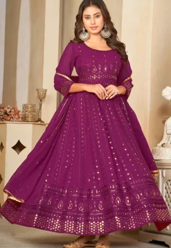 Embroidered Georgette Anarkali Suit in Purple