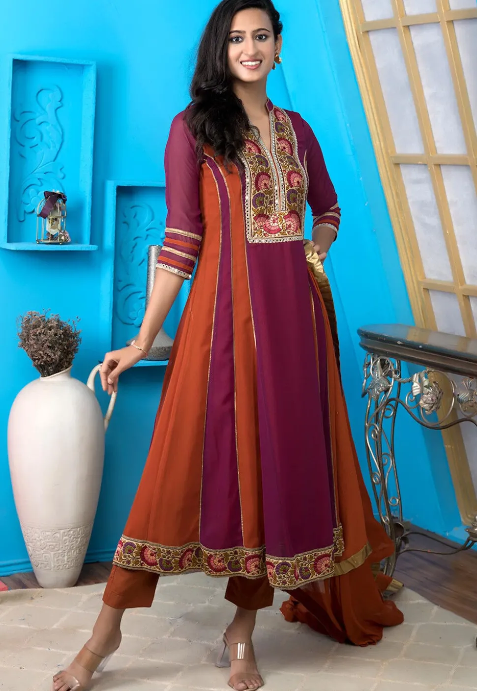 Embroidered Georgette Anarkali Suit in Magenta and Rust