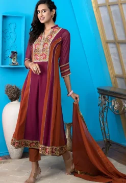 Embroidered Georgette Anarkali Suit in Magenta and Rust