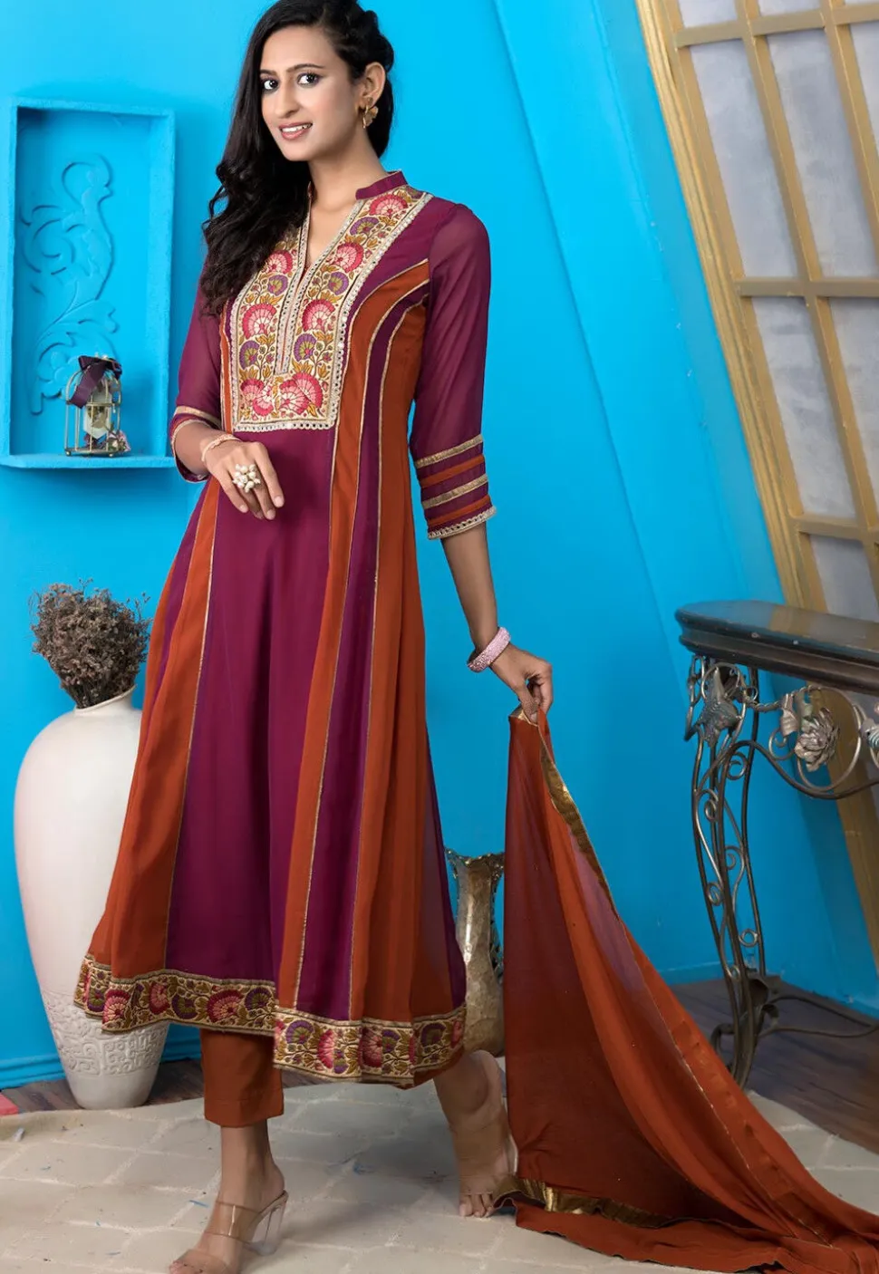 Embroidered Georgette Anarkali Suit in Magenta and Rust
