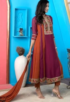 Embroidered Georgette Anarkali Suit in Magenta and Rust