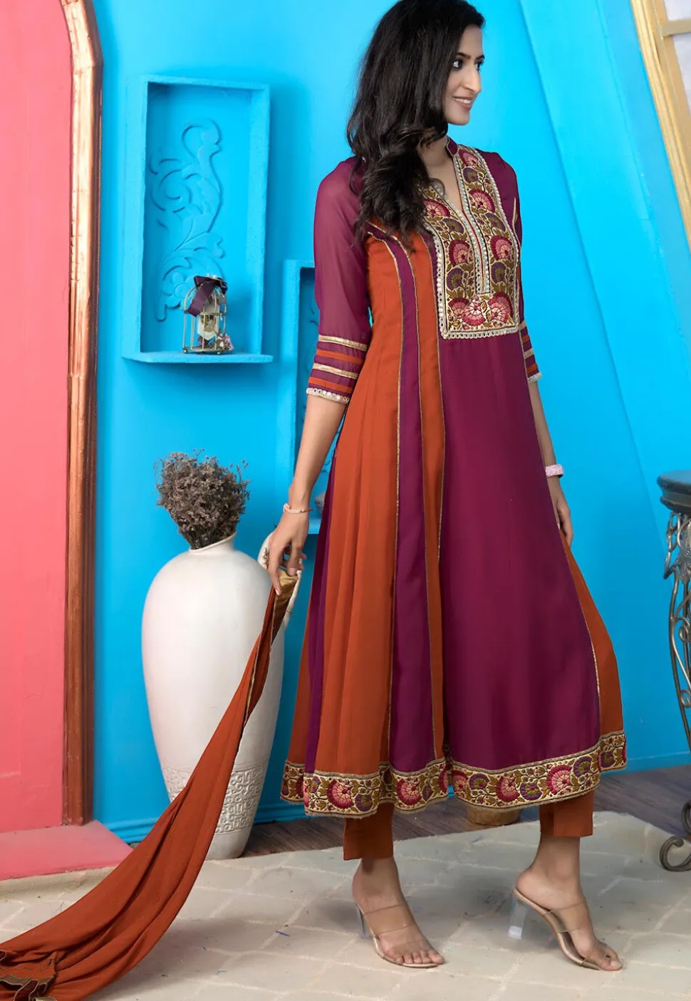 Embroidered Georgette Anarkali Suit in Magenta and Rust