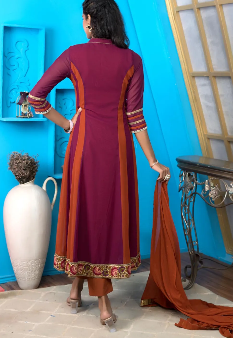 Embroidered Georgette Anarkali Suit in Magenta and Rust