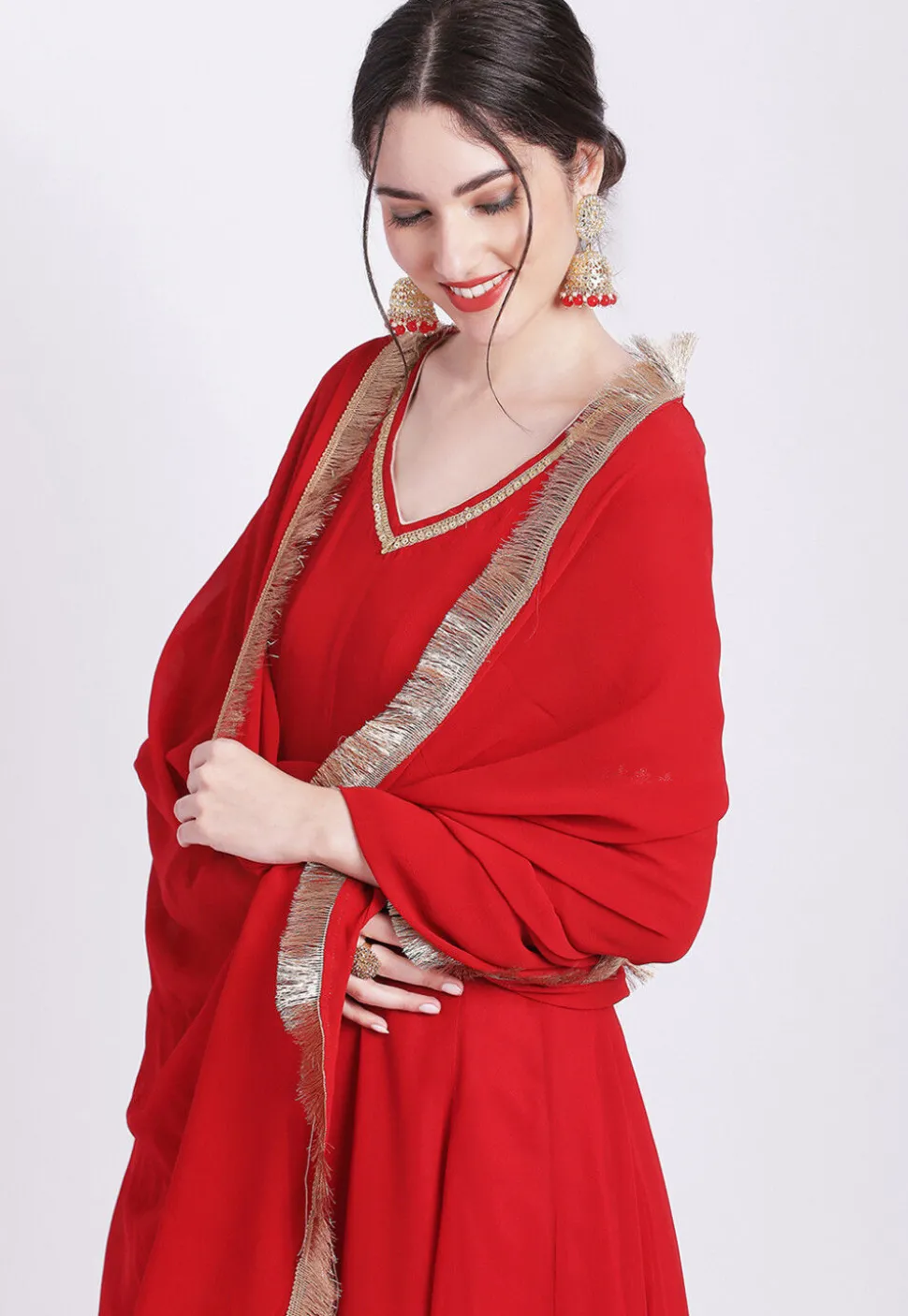 Embroidered Georgette Anarkali Suit in Red