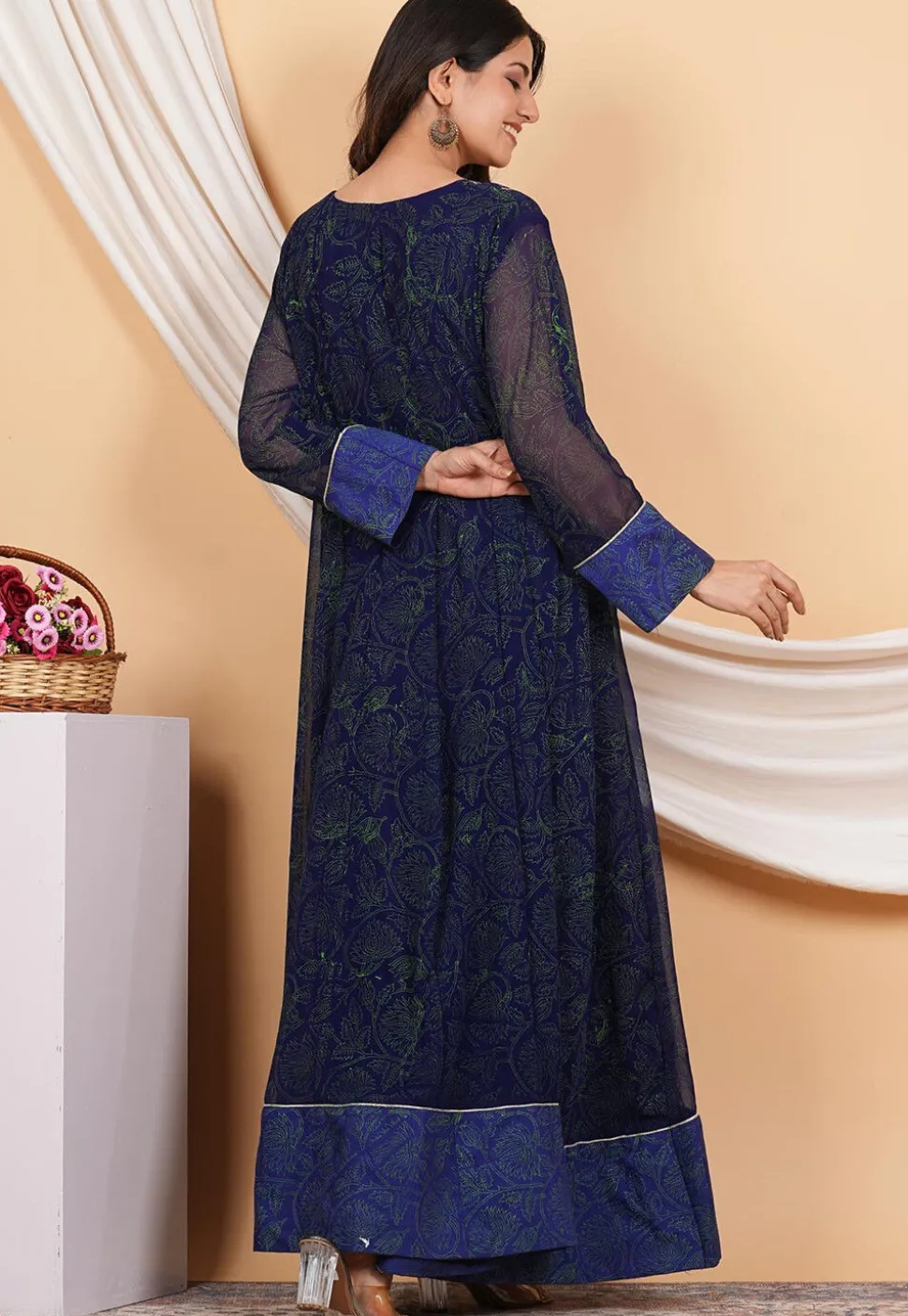Embroidered Georgette Anarkali Suit in Navy Blue