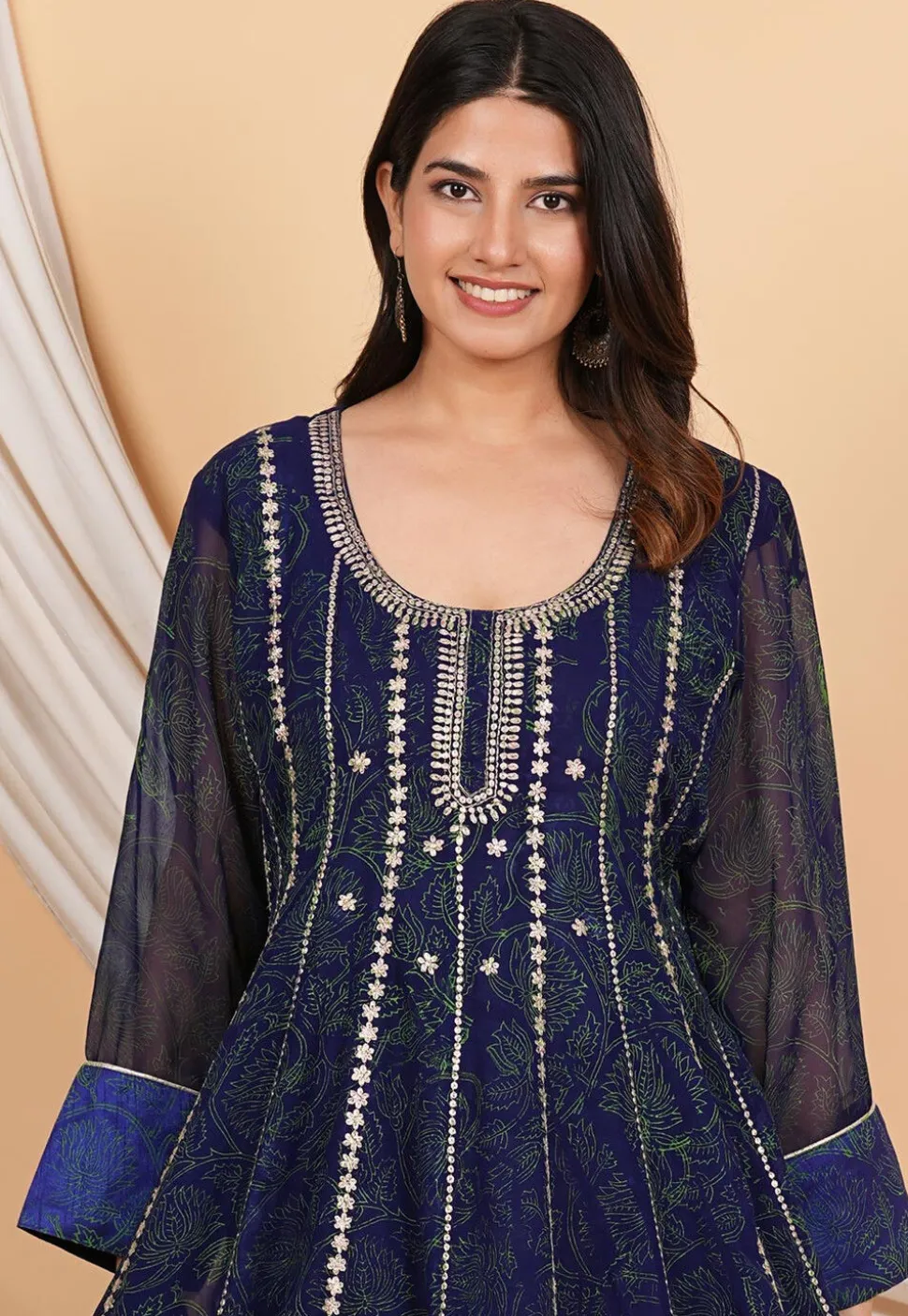 Embroidered Georgette Anarkali Suit in Navy Blue